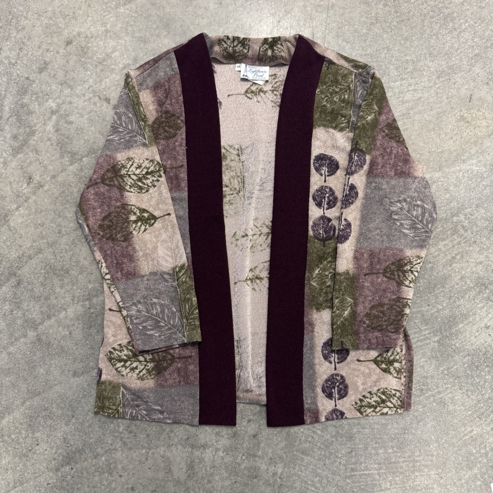 Vintage 90s Lighthouse Point Abstract Leaf Print Open Front Cardigan Women's M